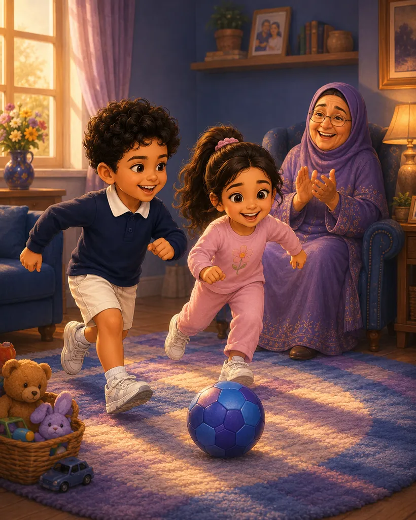 مشهد: الطفل يلعب مع أخته والجدّة تصفّق